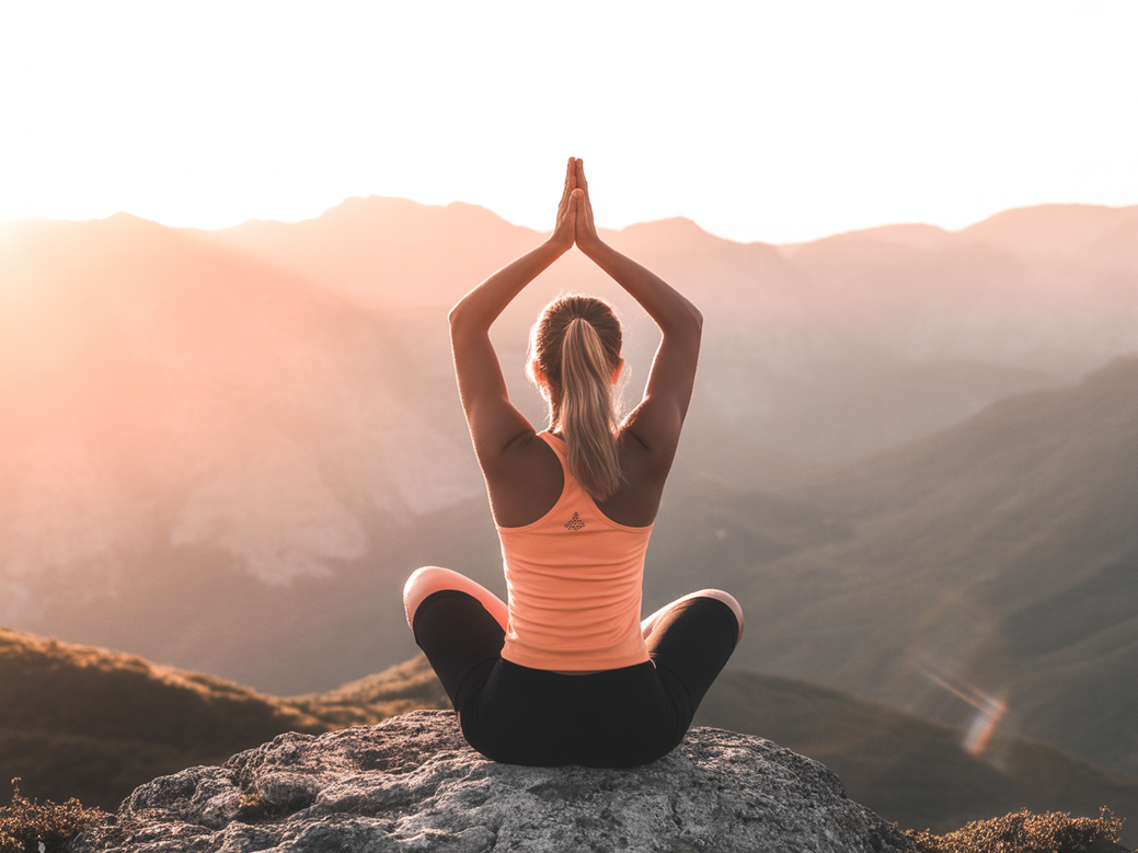 Mulher praticando yoga no topo de uma montanha, simbolizando a jornada de transição de carreira e o autoconhecimento profissional.