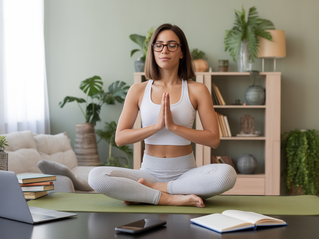 Mulher praticando yoga em frente a uma janela, simbolizando a clareza mental durante a transição de carreira.