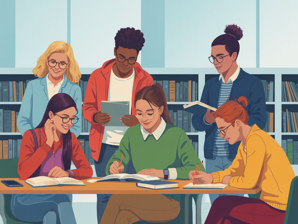 Grupo de estudantes universitários estudando de forma calma e focada, superando a ansiedade universitária.