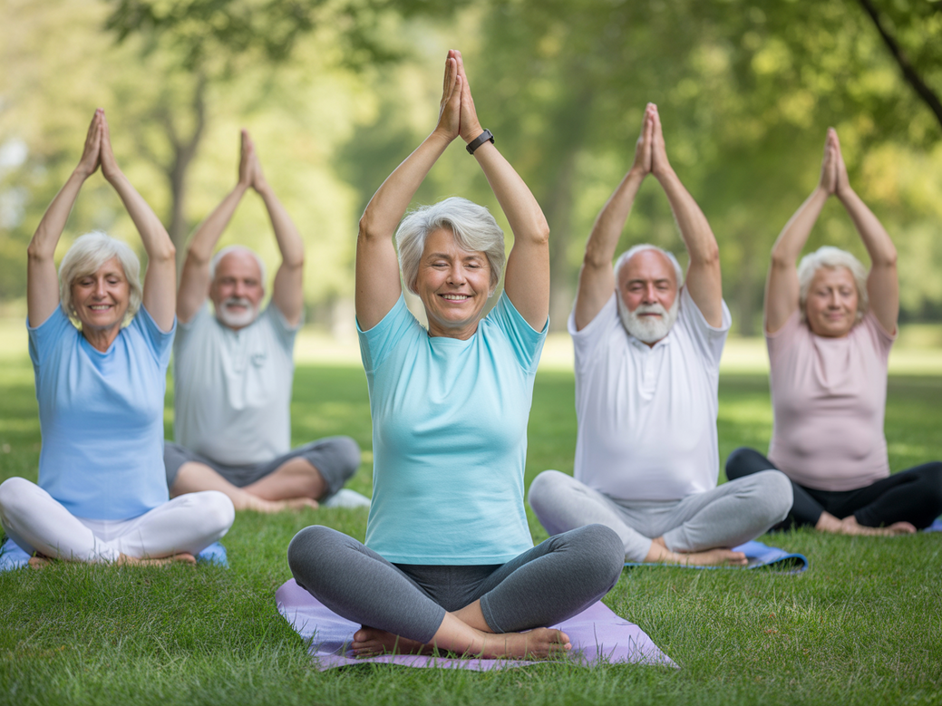 Grupo de idosos sorrindo enquanto praticam yoga suave em um parque, demonstrando os benefícios do yoga para idosos