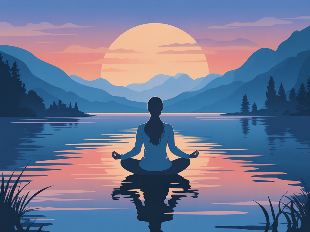 Mulher meditando em posição de lótus ao amanhecer, simbolizando a elevação da consciência com frases de inspiração yoga.