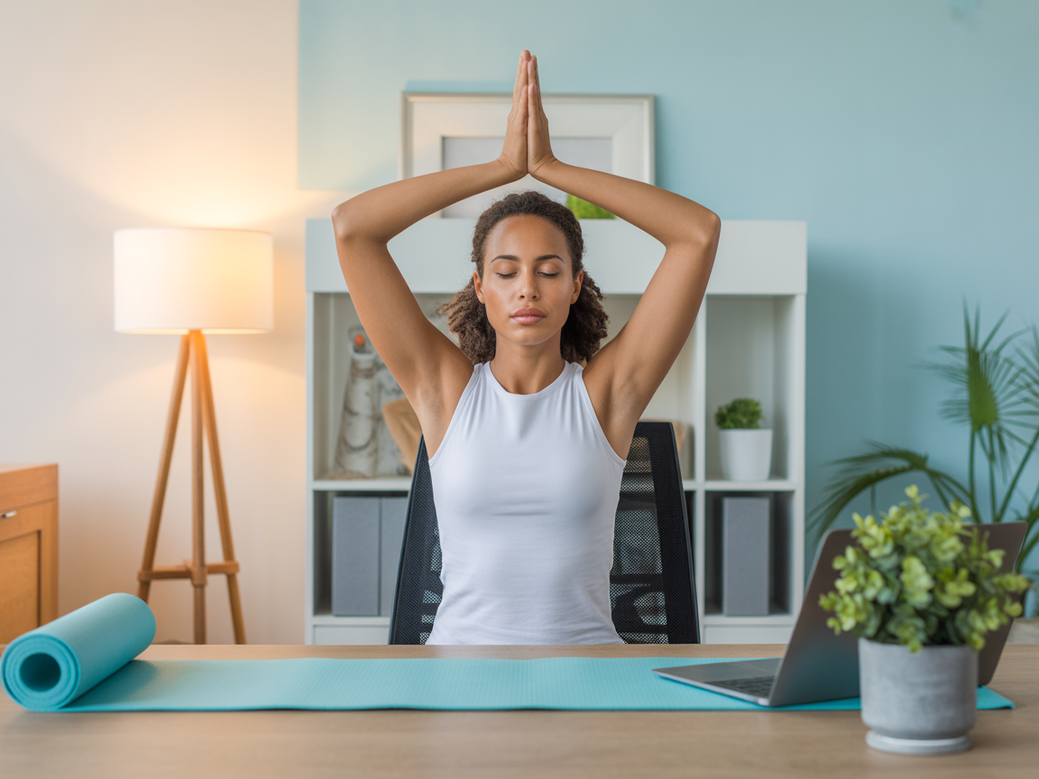 Mulher praticando uma pausa de meditação em seu escritório em casa para melhorar a motivação no home office