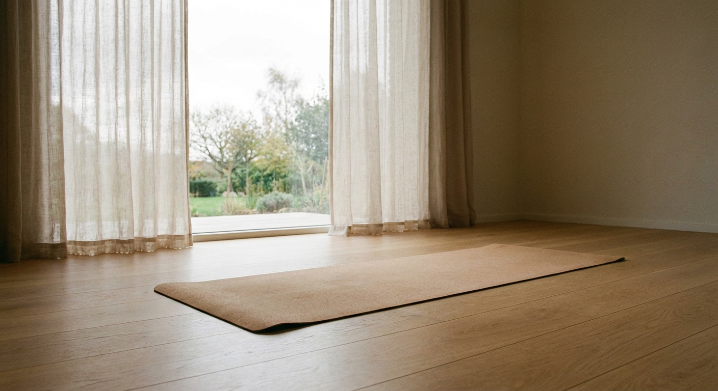 Pessoa iniciante em pose simples de yoga em casa, com expressão serena