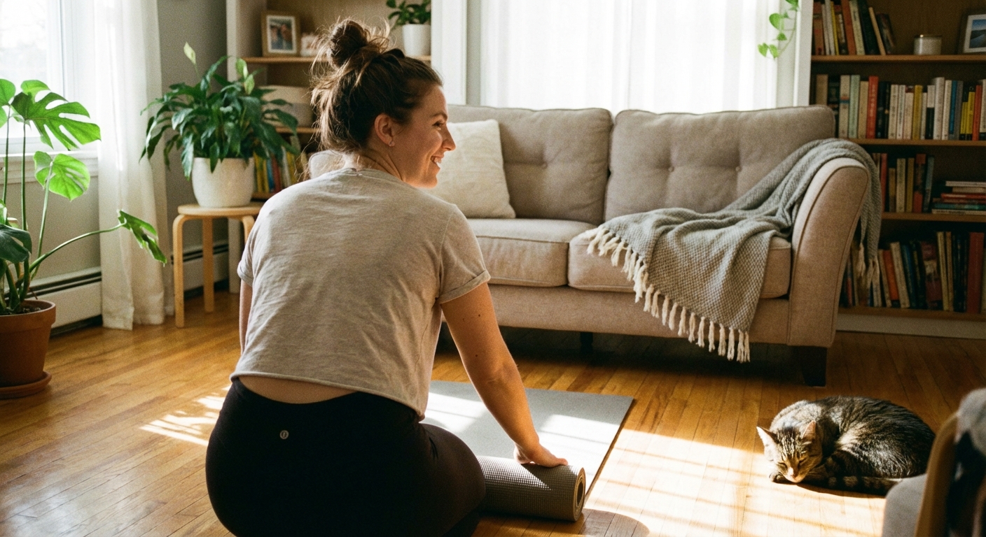 Mãos em pose de meditação com fundo sereno e frases motivacionais sobrepostas
