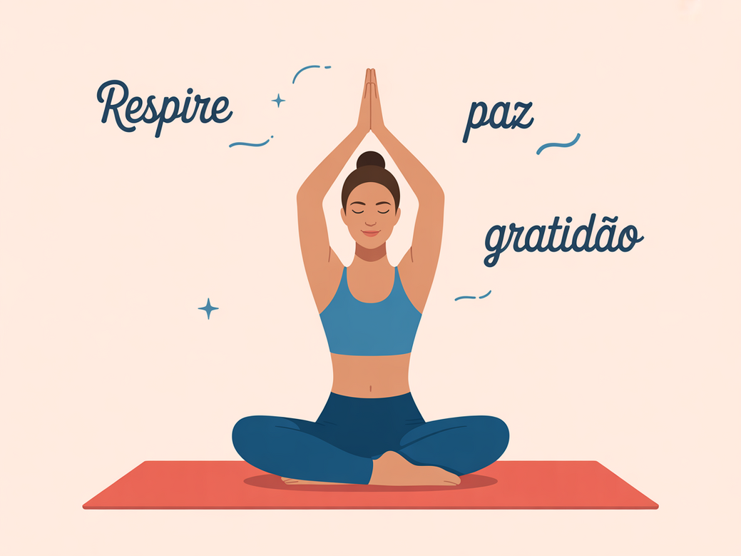 Frases de Inspiração para Yoga: Mulher praticando yoga em um ambiente sereno com mantras inspiradores ao redor.