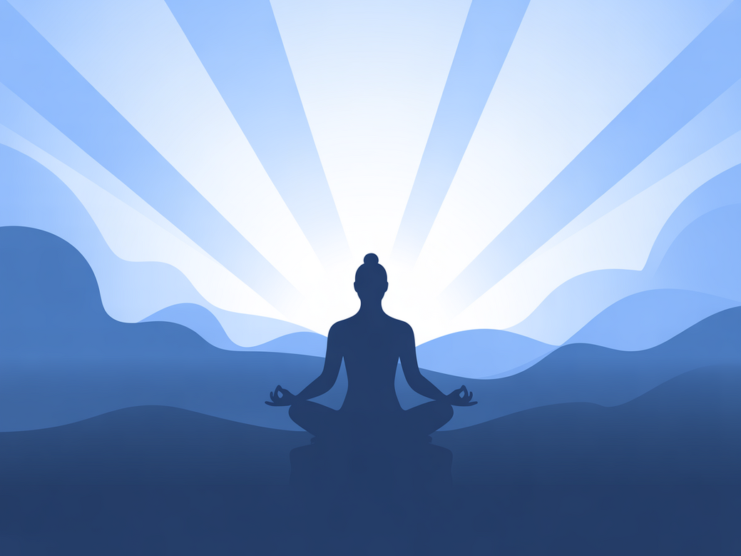 Mulher meditando em posição de lótus com fundo em gradiente azul, simbolizando o poder das frases de inspiração yoga para a paz da meditação.