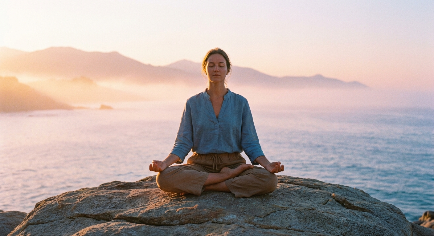 Mulher praticando yoga ao amanhecer com frases de inspiração para meditação