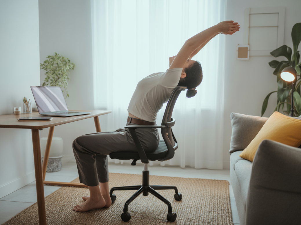 Mulher profissional usando frases de inspiração para home office durante uma pausa para ioga na cadeira, melhorando o bem-estar no trabalho remoto.