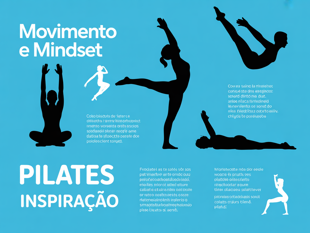 Infográfico com frases inspiradoras de Pilates, destacando a conexão entre movimento e mindset para alta performance.