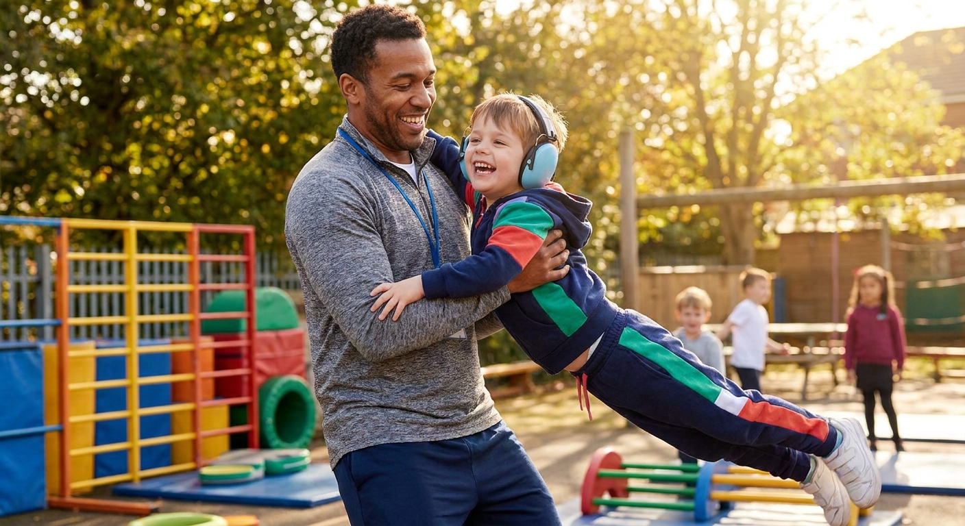Professor de educação física aplicando frases motivacionais com criança autista em atividade de coordenação motora
