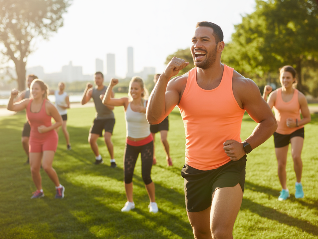 Functional instructor using motivational phrases for the gym to inspire a group of students during an outdoor workout.