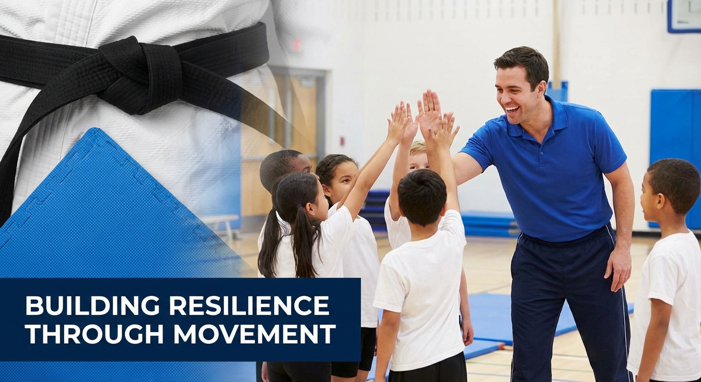 Educador físico escolar motivado aplicando frases motivacionais de jiu jitsu em aula de educação física