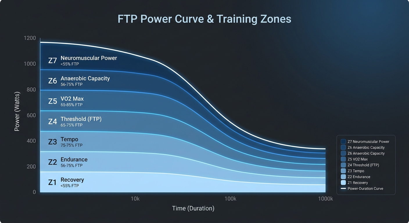 Gráfico de curva de potência FTP com zonas de treino para ciclismo de performance