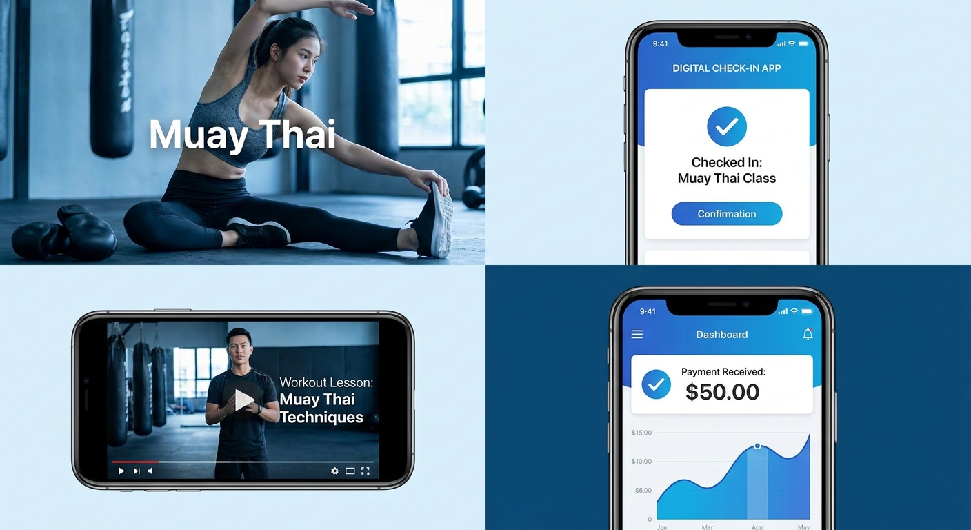 Funcionalidades essenciais: vídeos, check-in, avaliações e gestão financeira no app
