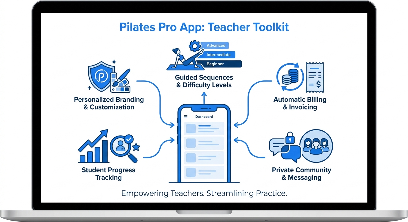 Infográfico mostrando funcionalidades de um app para professor de Pilates: sequências guiadas, cobrança automática, comunidade privada e acompanhamento individual