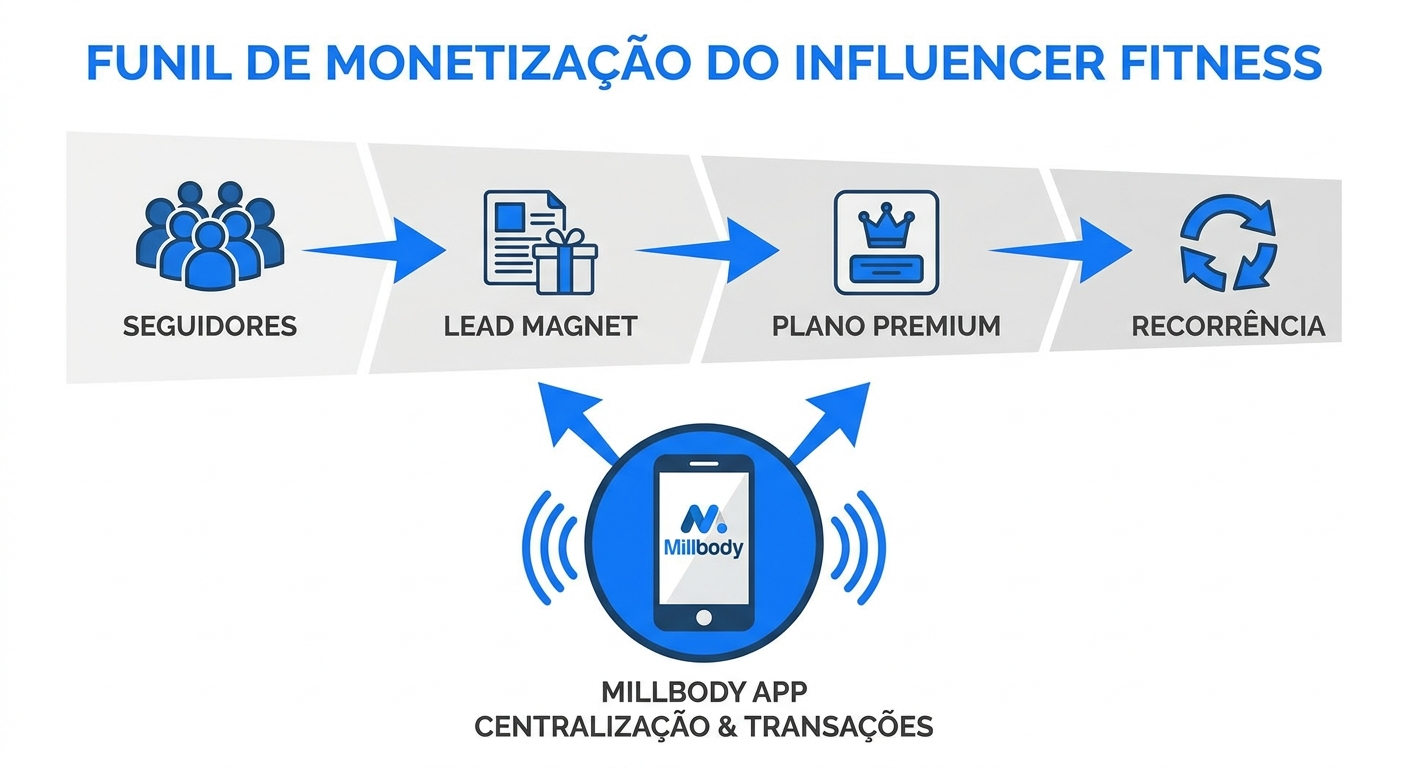 Funil de Monetização do Influencer Fitness - Millbody Funil de monetização do influencer fitness: seguidores, lead magnet, plano premium e recorrência com o app Millbody