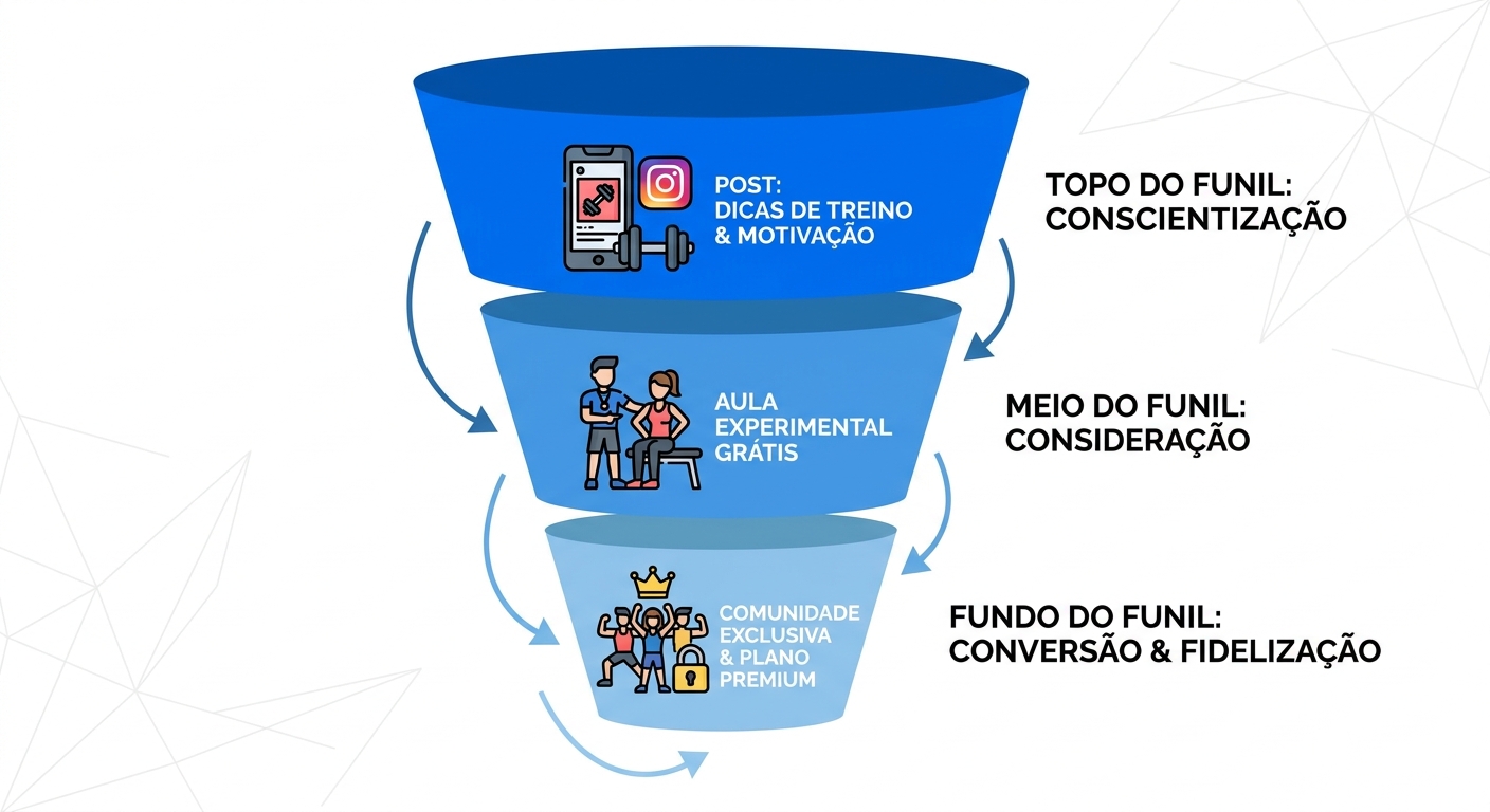 funil de vendas para personal trainer de jiu jitsu mostrando etapas de post, aula experimental e comunidade