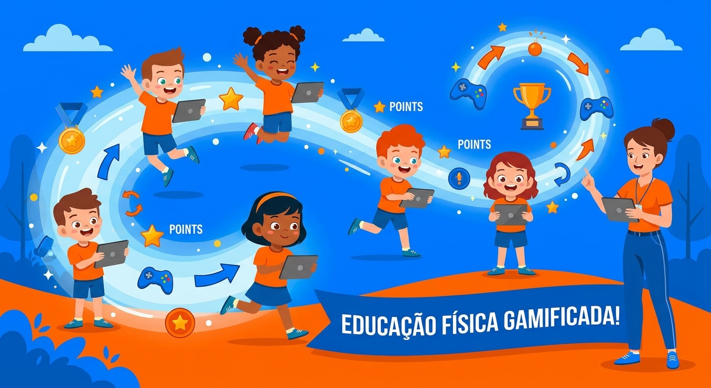 Crianças usando tablet em aula de Educação Física com elementos de gamificação