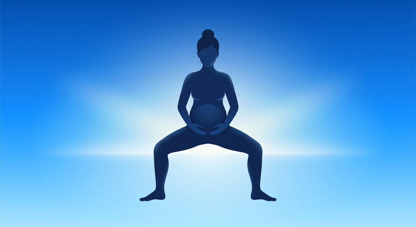 Gestante consciente praticando yoga pré-natal em silhueta com fundo gradiente azul