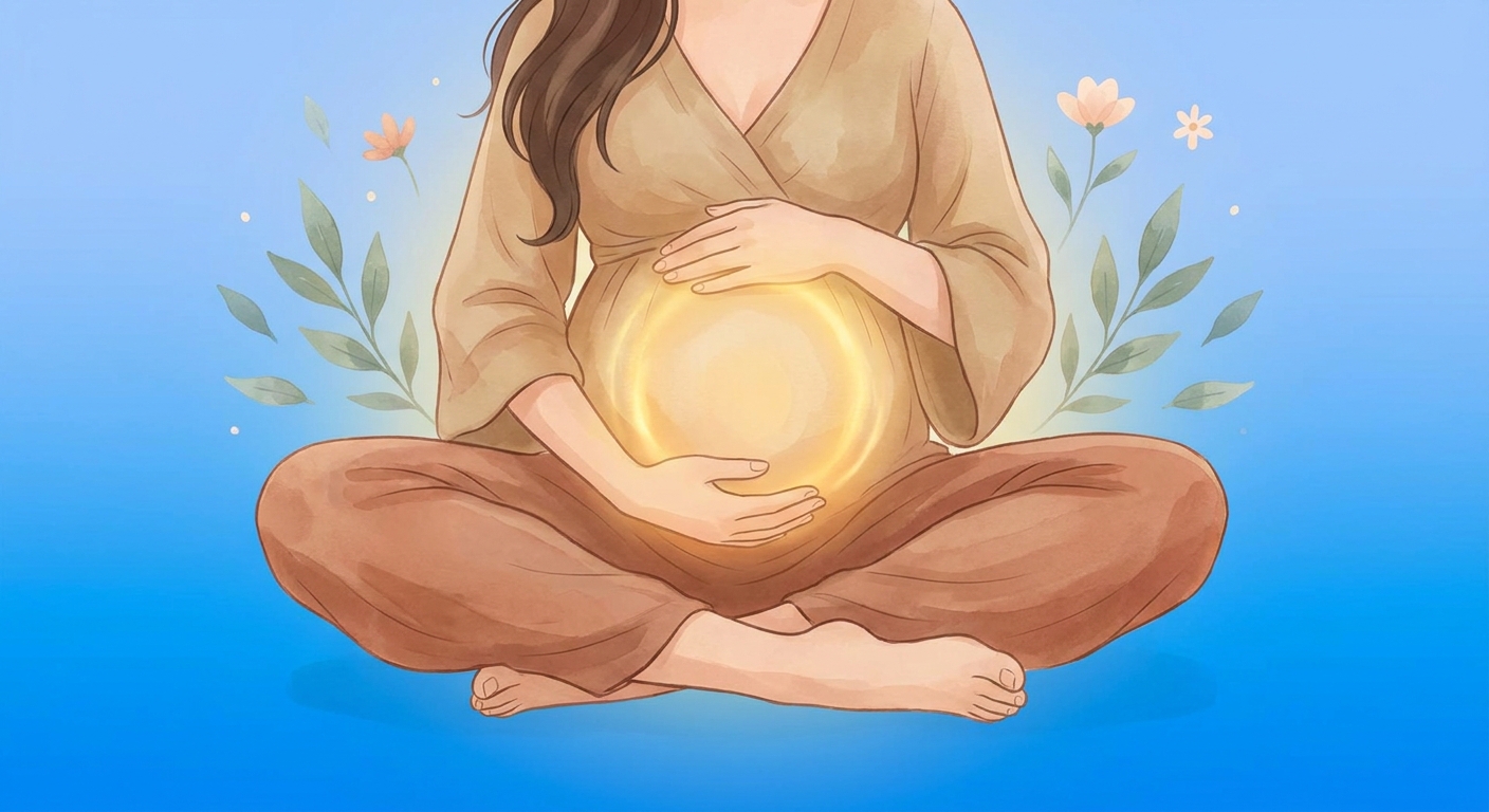 Gestante meditando sentada em posição confortável com as mãos sobre a barriga em ambiente sereno