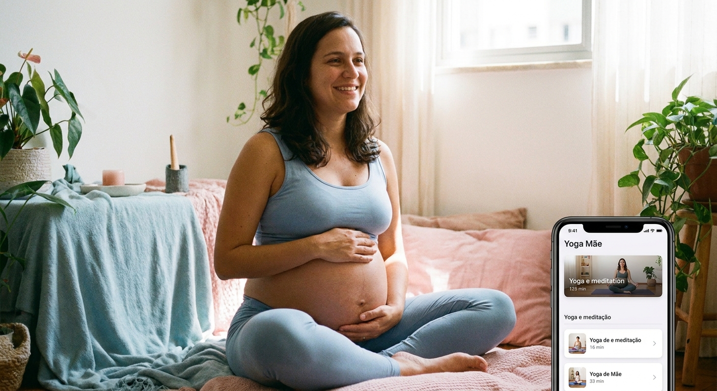 Gestante sorridente meditando com o app Vitalizen ao lado, em ambiente calmo e iluminado