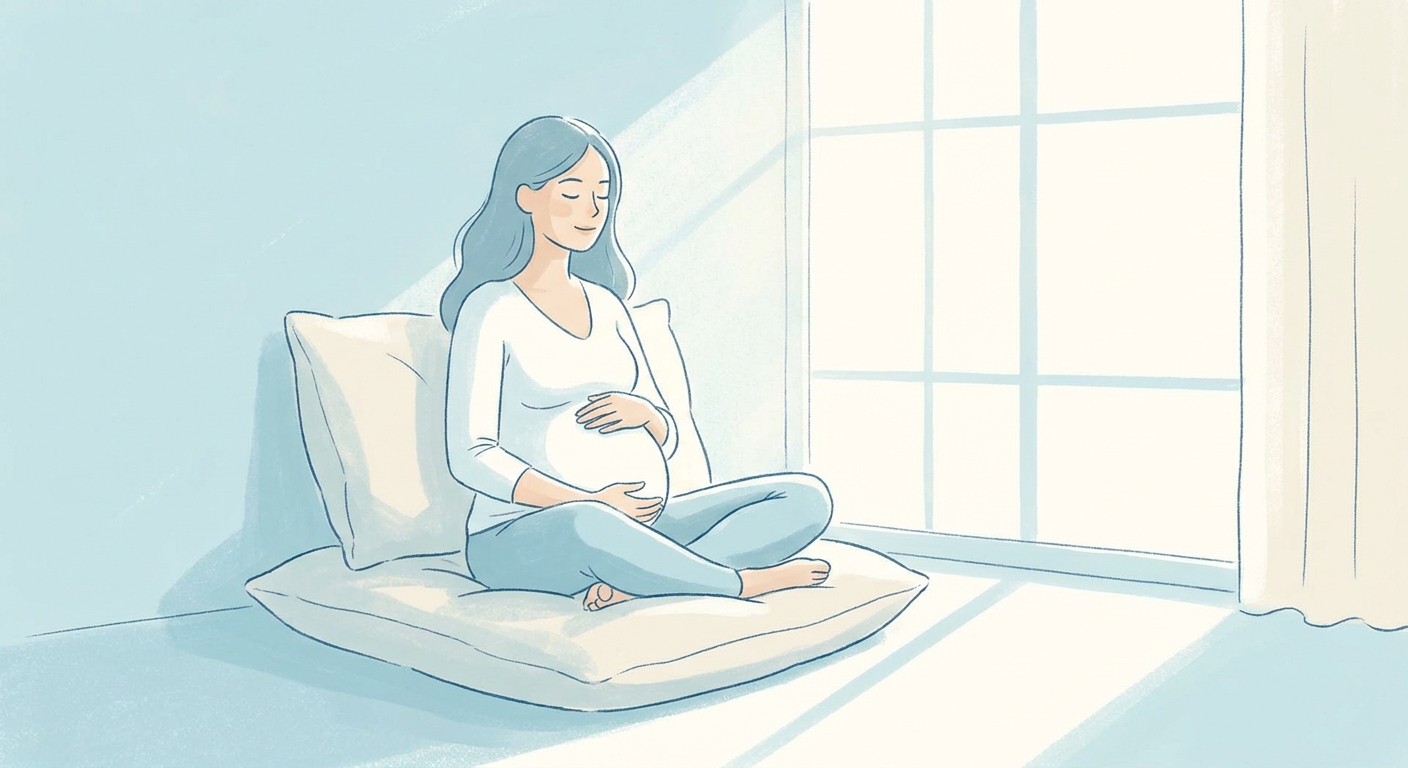 Gestante meditando sentada confortavelmente com as mãos sobre a barriga durante a gestação