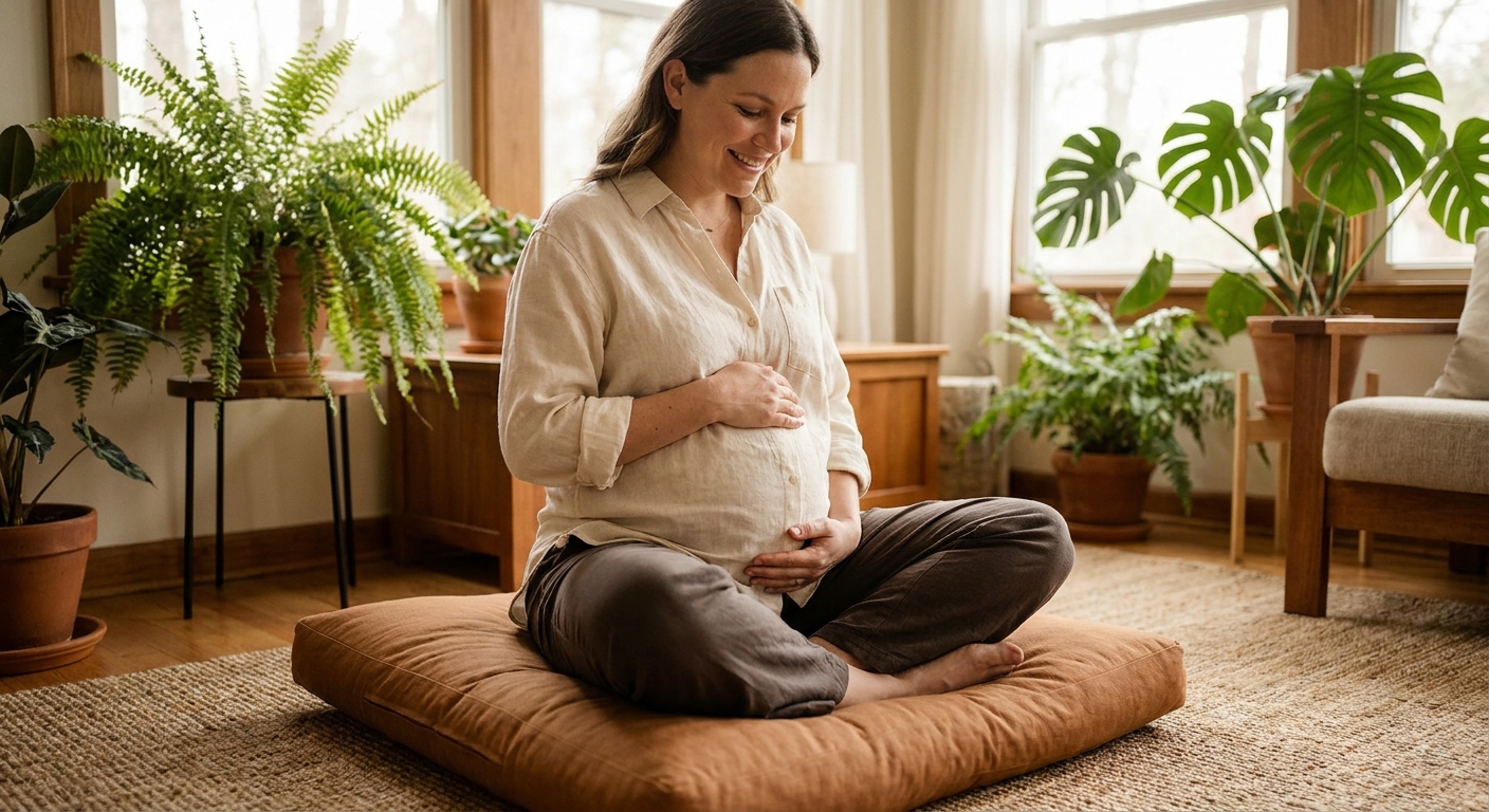 Gestante meditando sentada confortavelmente com as mãos na barriga, conectando-se com o bebê através da meditação mindfulness