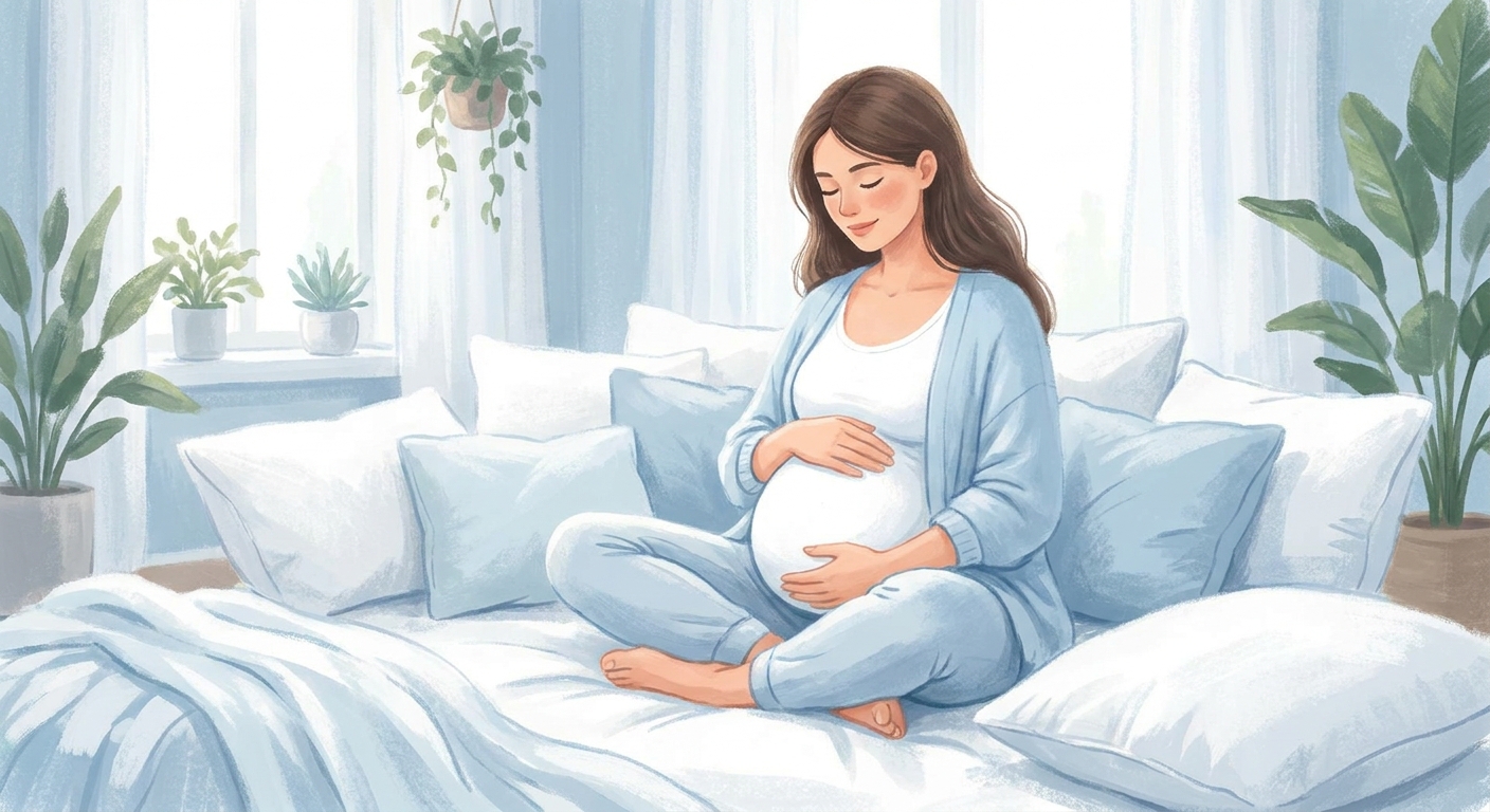 Gestante meditando sentada confortavelmente em almofadas, conexão com o bebê, tons azuis serenos
