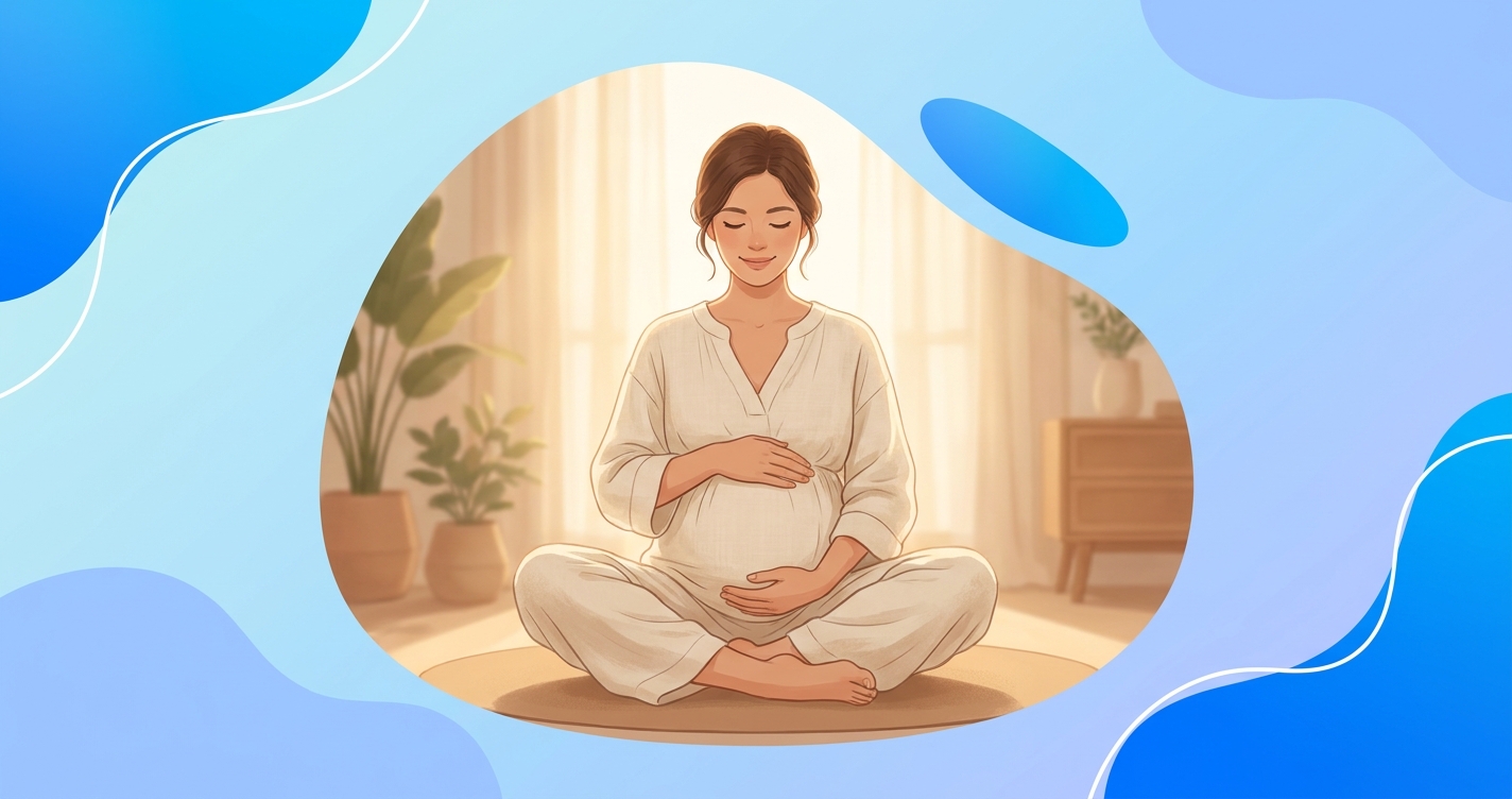 Gestante meditando com as mãos sobre a barriga em ambiente tranquilo