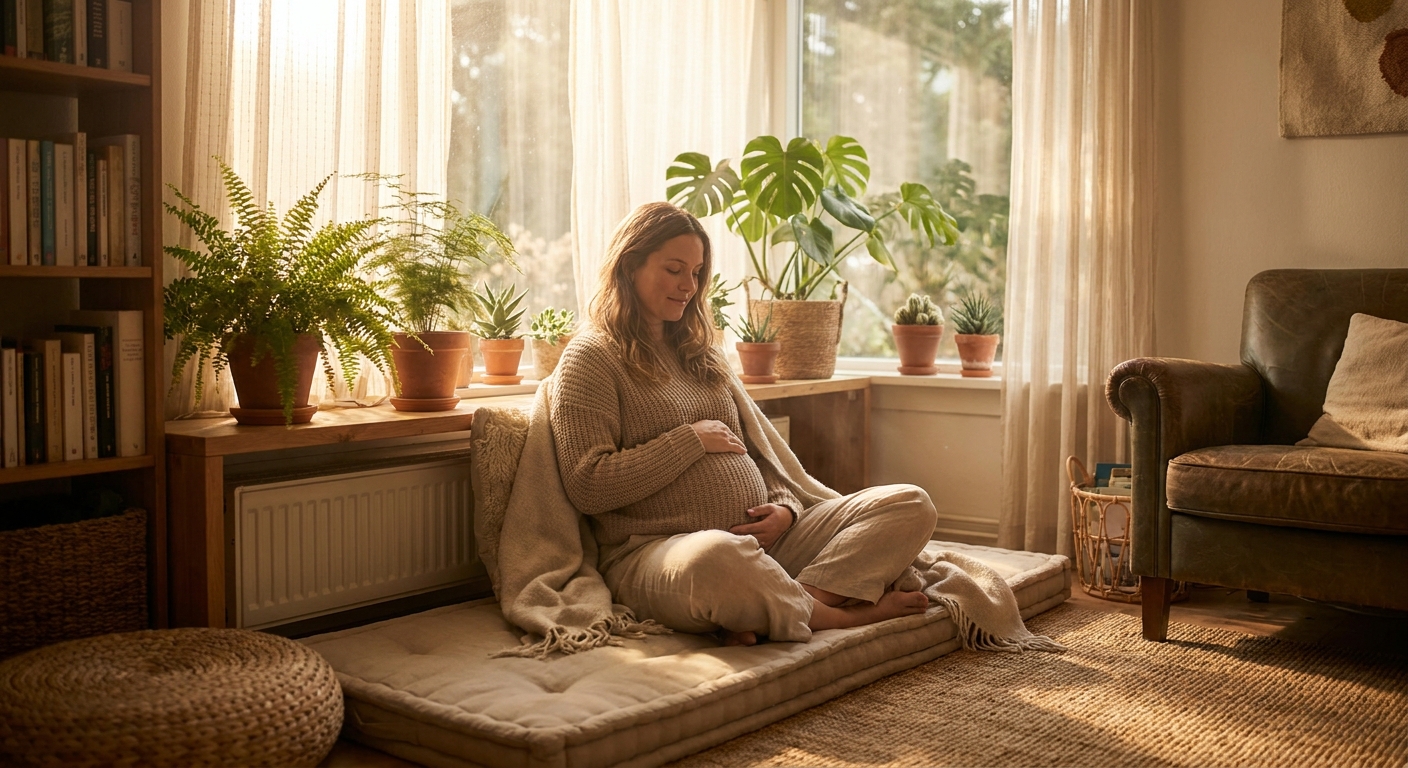 Gestante meditando com serenidade em ambiente acolhedor - meditação para gestantes