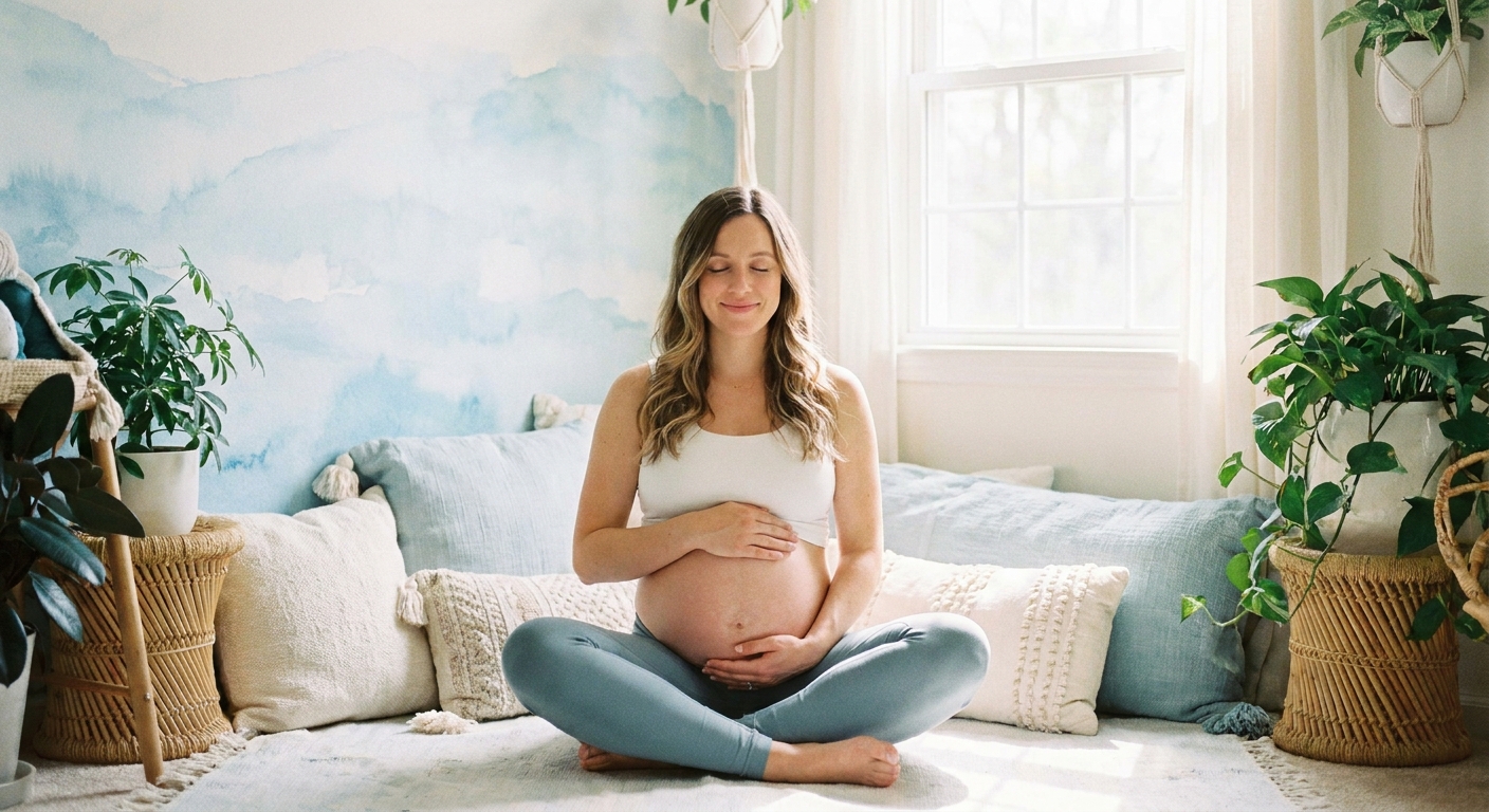 Gestante meditando com as mãos na barriga em ambiente tranquilo — Vitalizen App Yoga Meditação