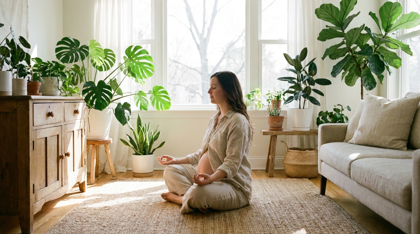Gestante meditando na gravidez com tranquilidade em ambiente sereno e iluminado