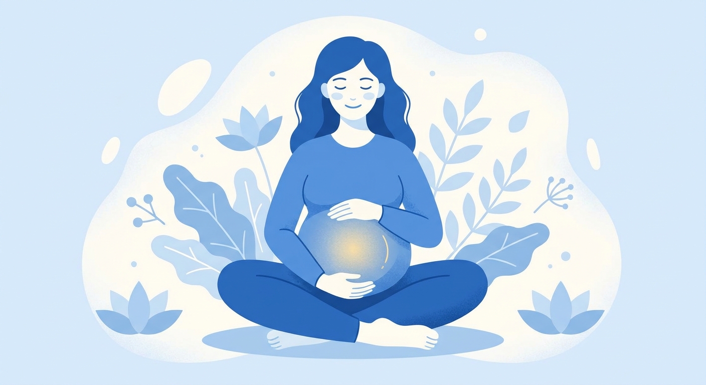 Gestante meditando com as mãos na barriga em ambiente tranquilo — meditação para gestantes Vitalizen