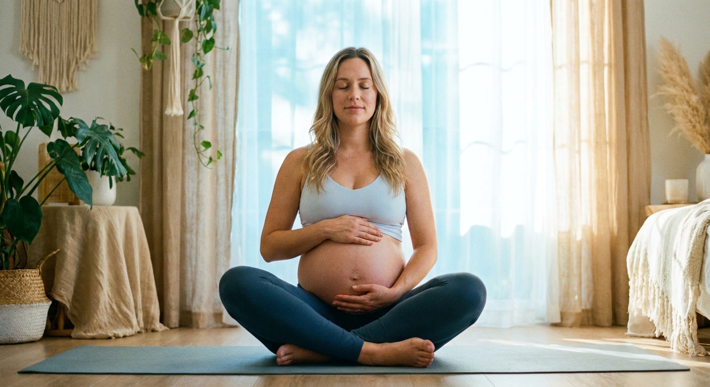 Gestante meditando com as mãos sobre a barriga em um ambiente calmo e azulado