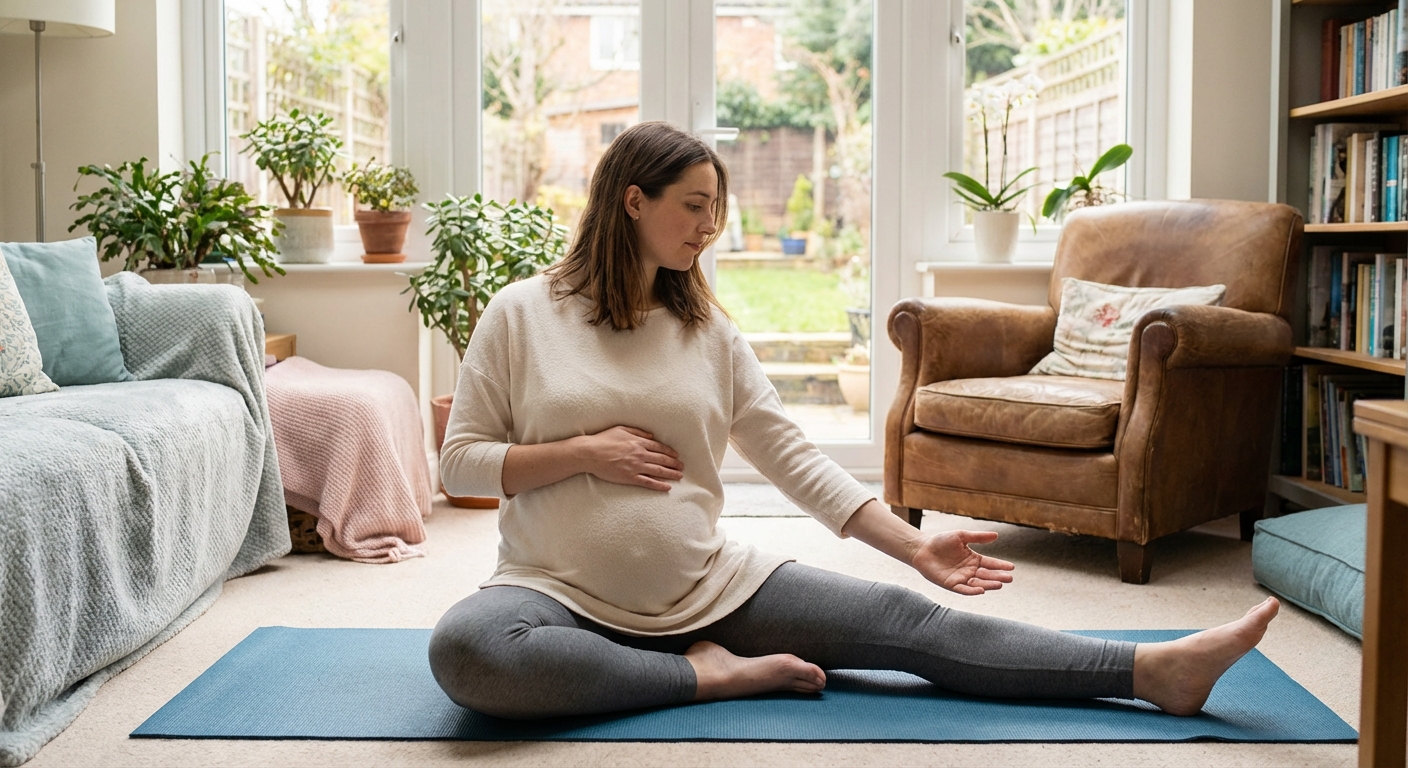 Gestante praticando yoga para iniciantes em casa com tapete azul, demonstrando bem-estar na gravidez.