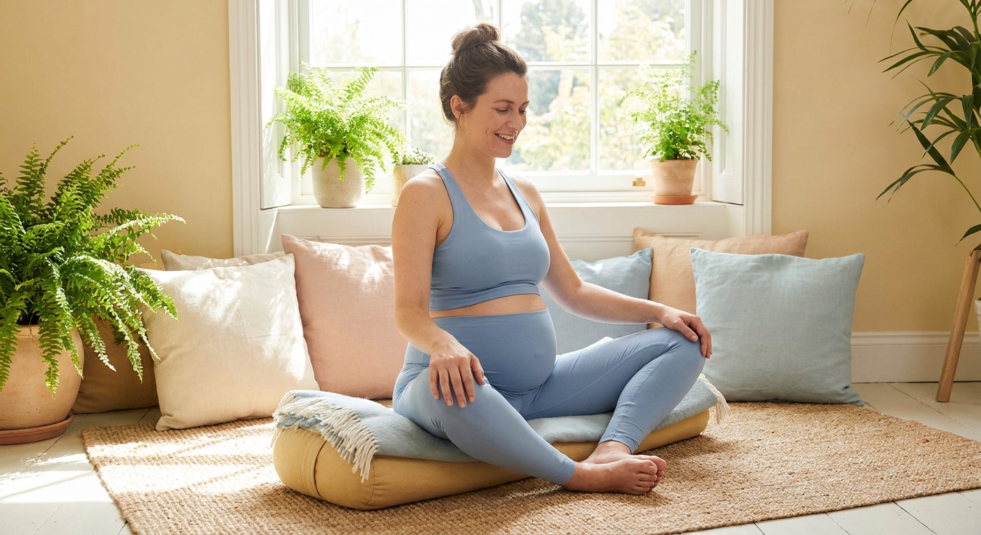 Gestante sorrindo praticando yoga prenatal em casa com o Vitalizen App