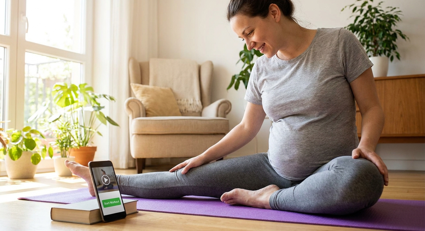Gestante treinando em casa com app de treino para gestantes Gestante treinando em casa com app de treino para gestantes no celular
