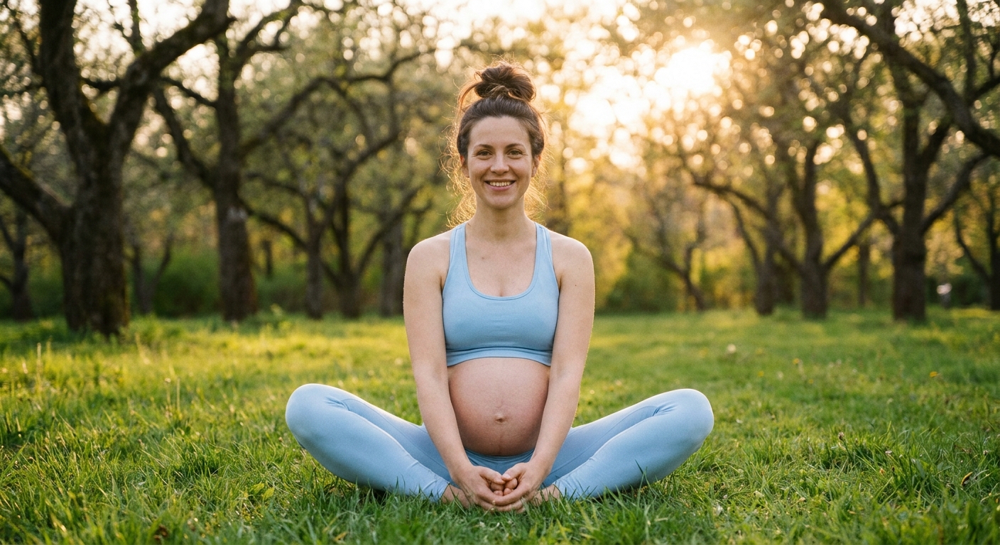 Gestante sorrindo praticando yoga ao ar livre em posição borboleta