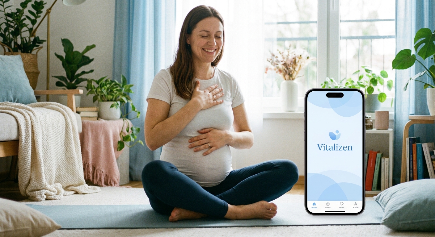 Gestante praticando yoga em casa com o Vitalizen App — melhor app para yoga gestantes em 2026