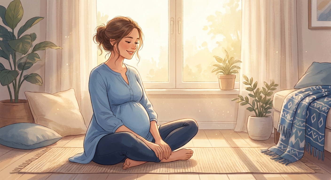 Gestante sorrindo praticando yoga em posição segura da borboleta com luz natural e ambiente sereno