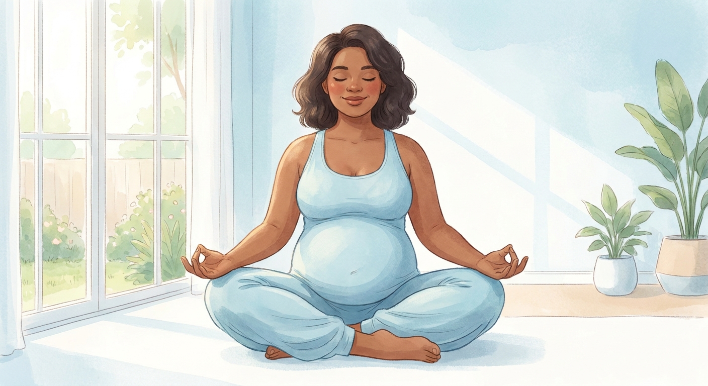 Gestante meditando em posição confortável com iluminação suave - yoga para gestantes
