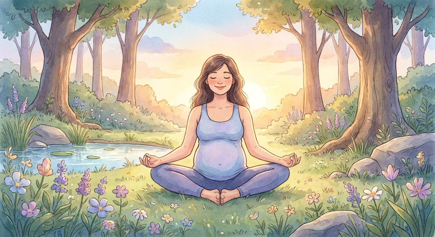 Gestante em postura de borboleta ao ar livre praticando yoga pré-natal com iluminação suave e acolhedora