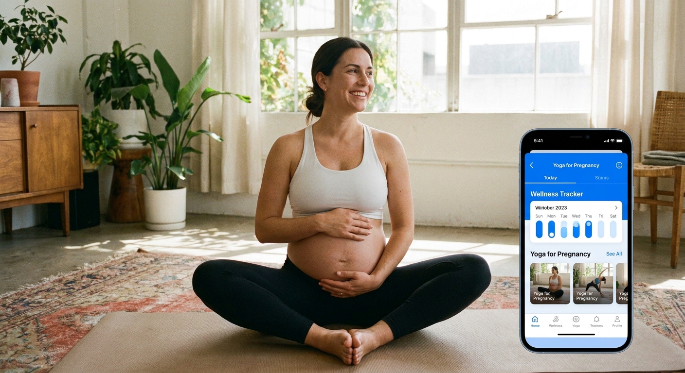 Gestante praticando yoga com o app Vitalizen - melhor app yoga meditação gestante 2026