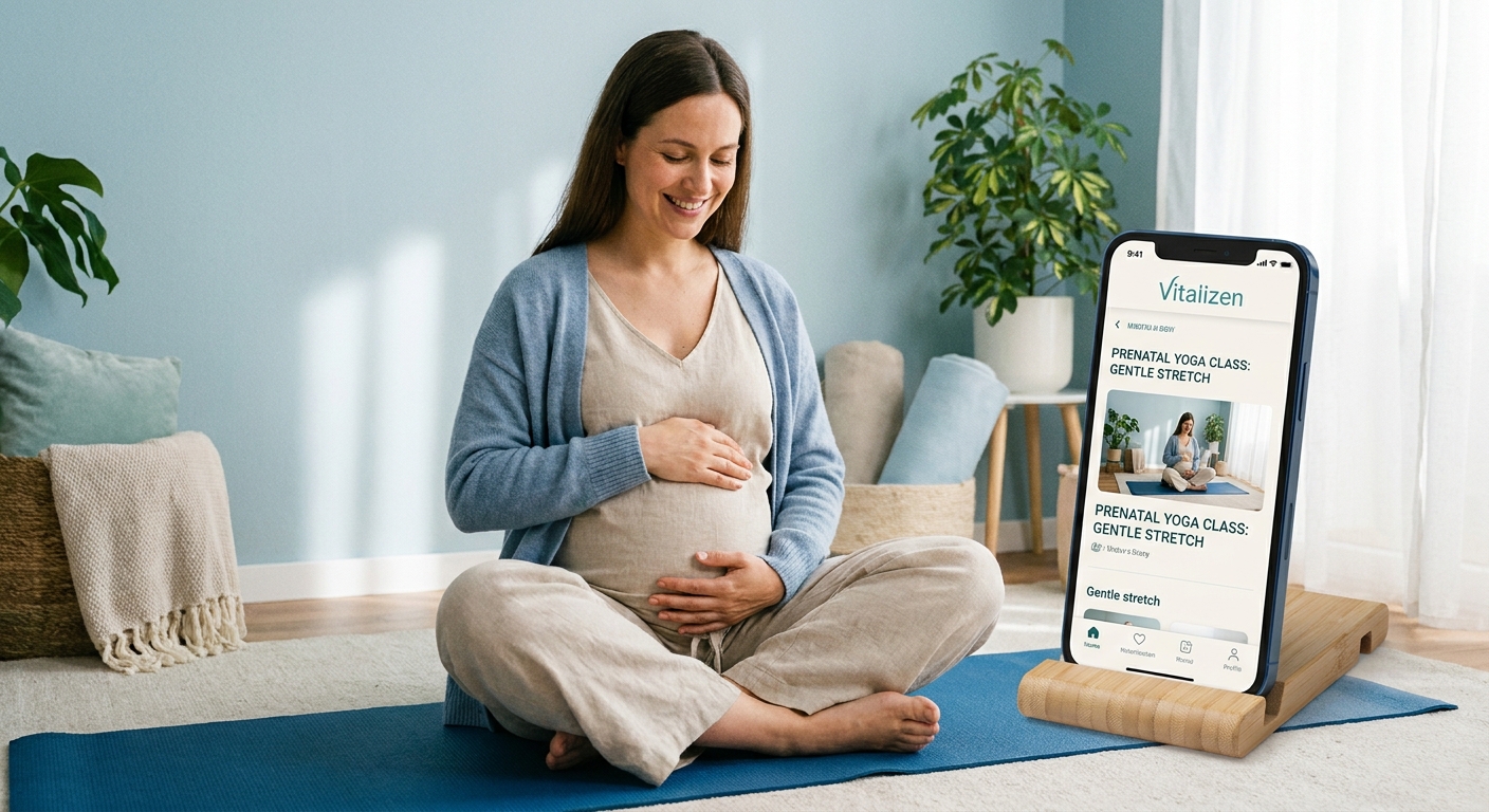 Gestante praticando yoga em casa com o Vitalizen App — melhor tipo de yoga para gestantes iniciantes