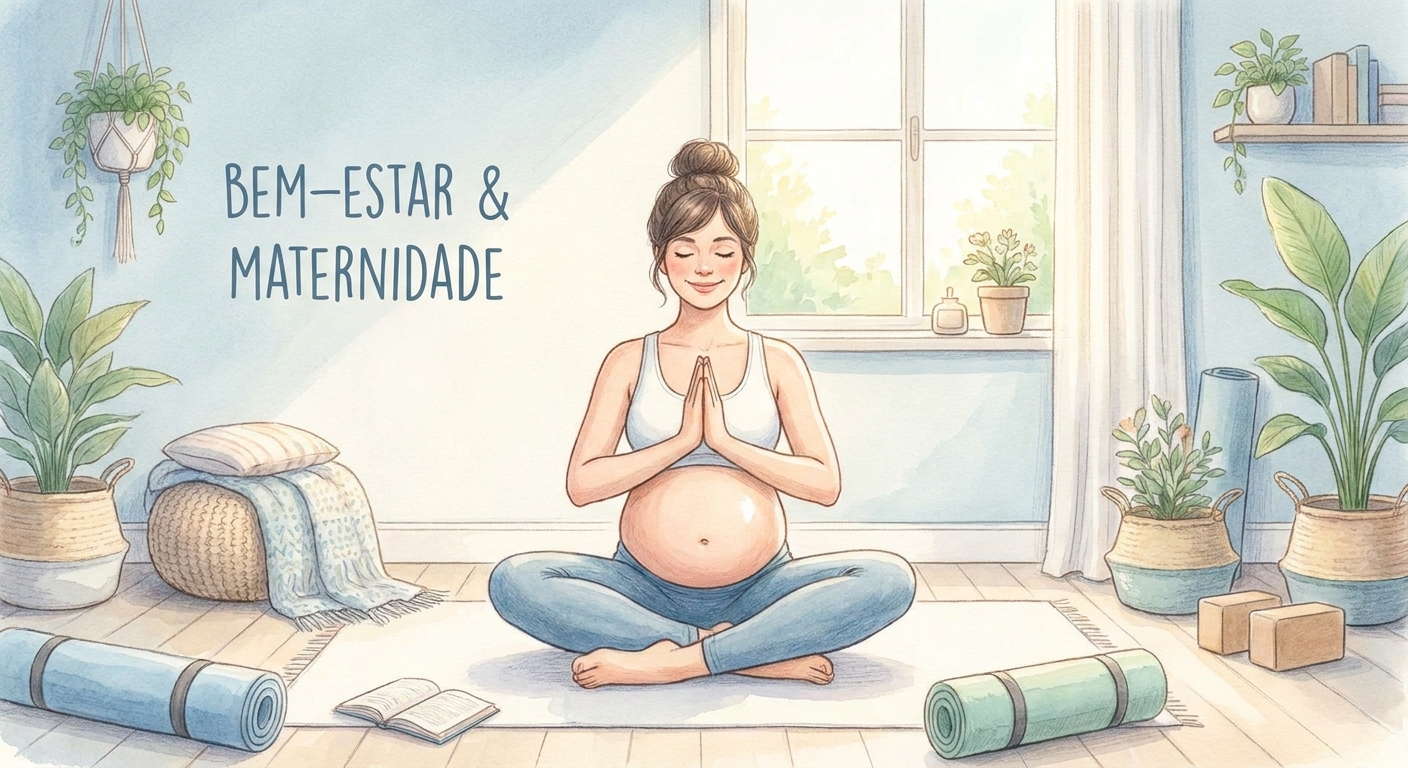 Gestante sorrindo praticando yoga em casa com o app Vitalizen ao lado — yoga para gestantes