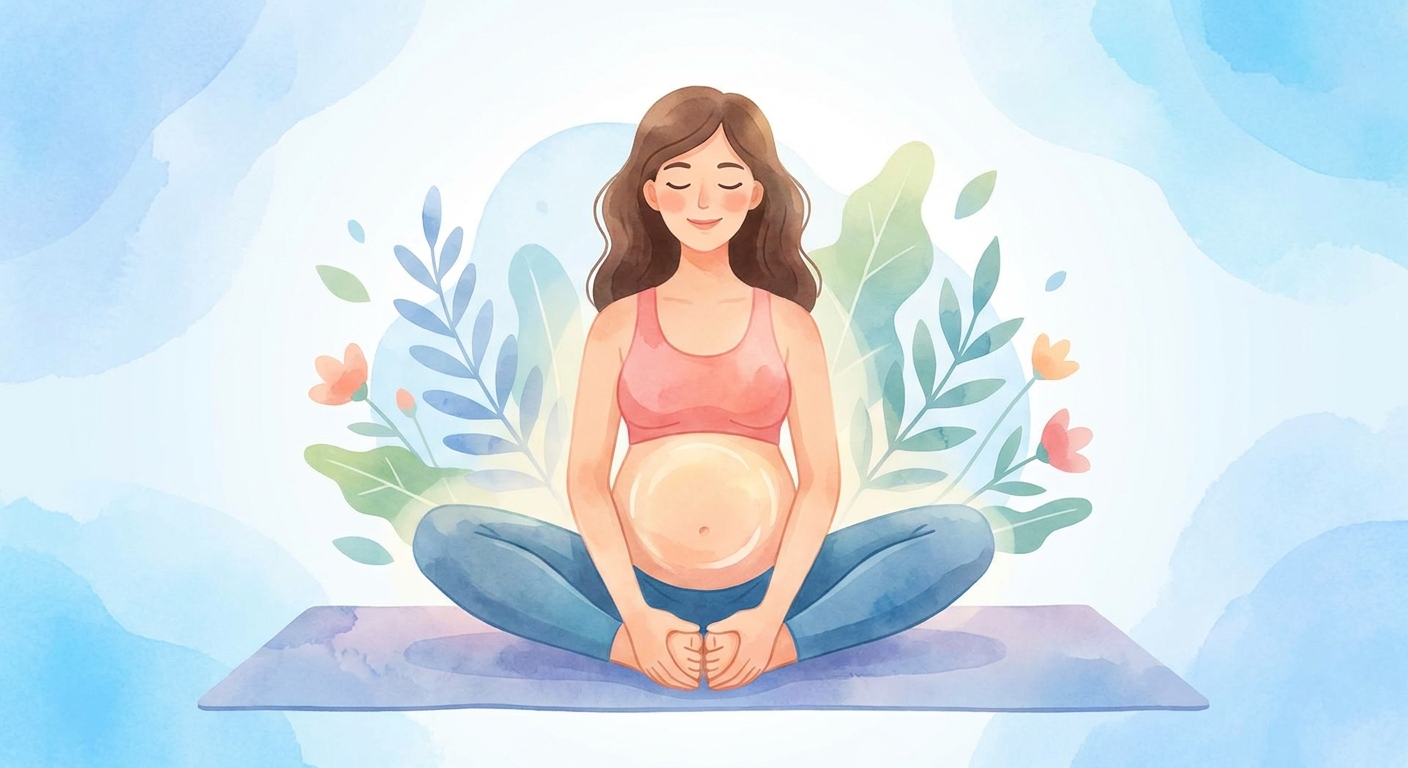Gestante praticando yoga com o auxílio do aplicativo Vitalizen, sorrindo e conectada com o bebê