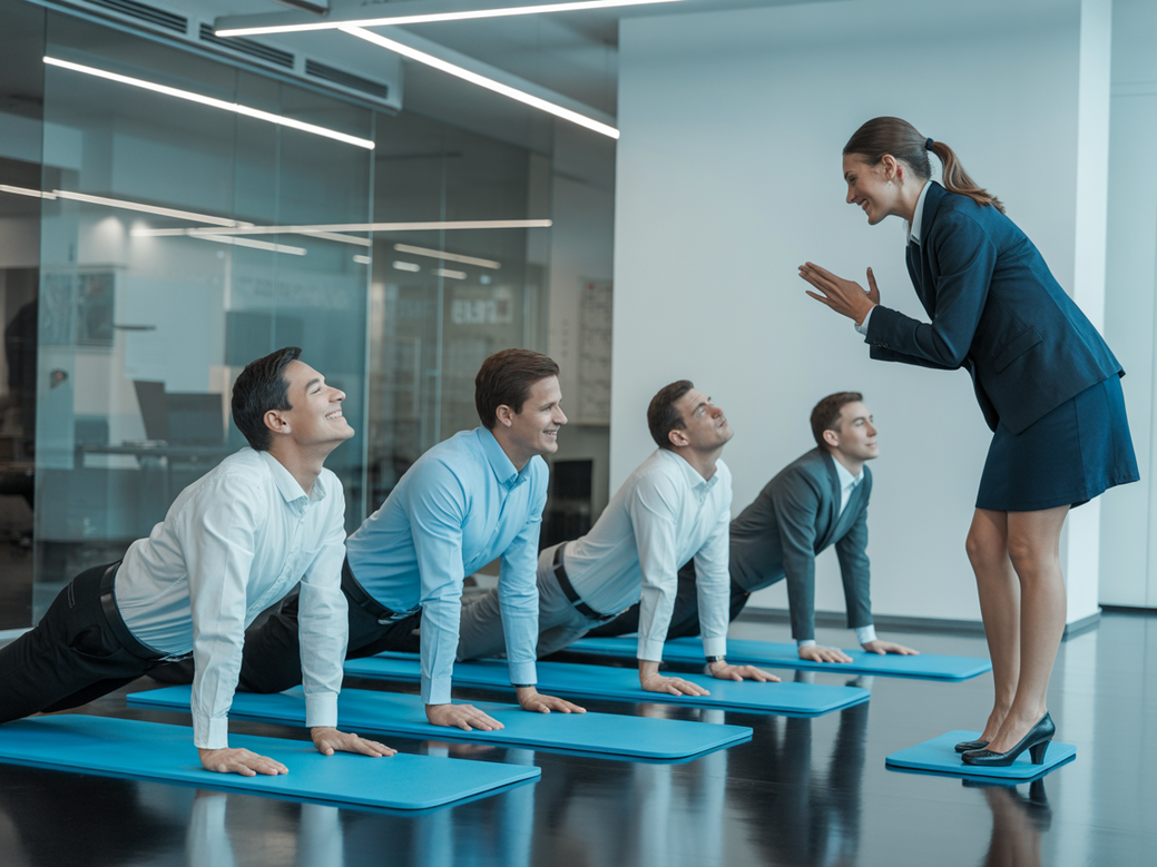 Instrutora demonstrando exercício de prancha para funcionários em um escritório moderno, como parte de um treino de abdômen para empresas.