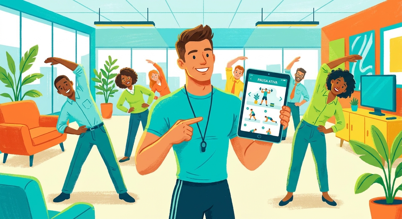 Personal trainer ensinando ginástica laboral em escritório com tablet