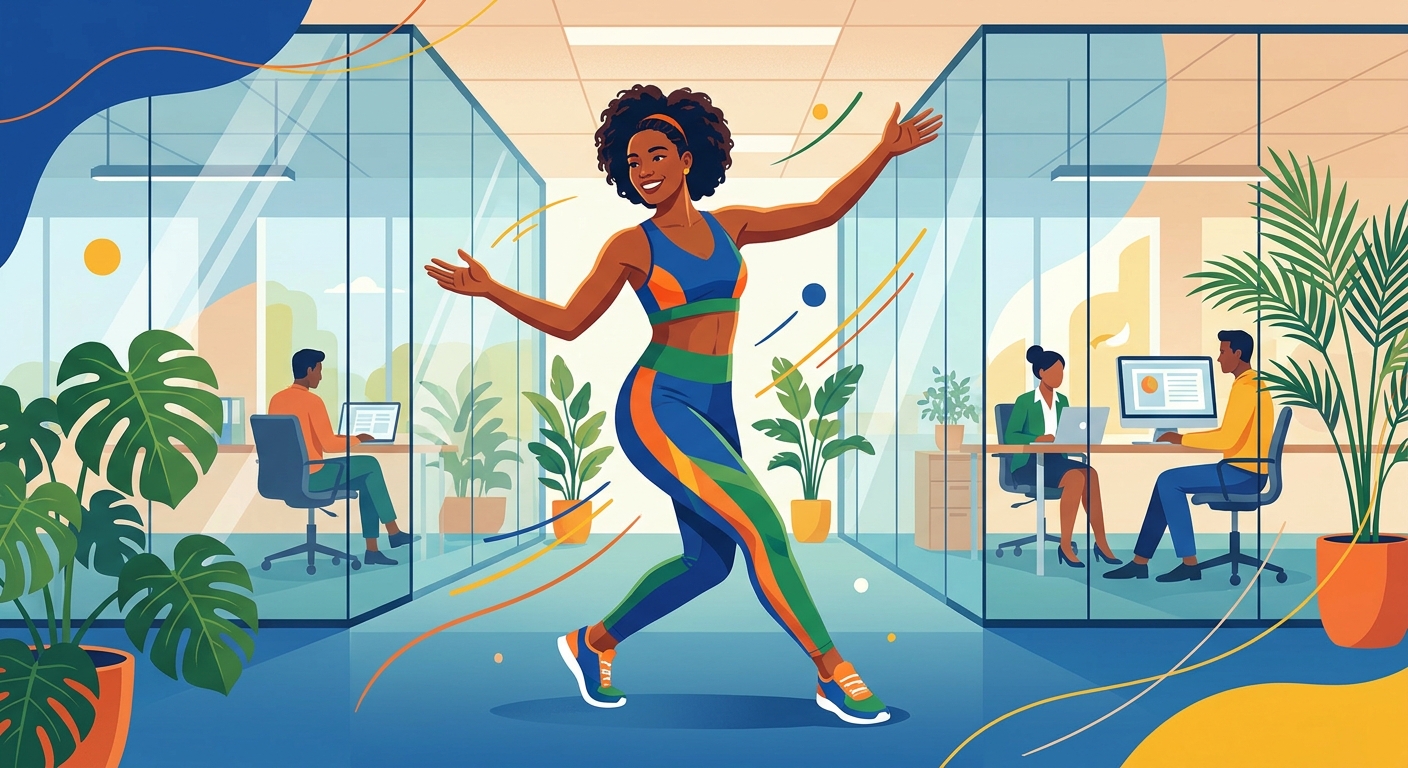 Ginga corporativa: capoeira aplicada à saúde ocupacional Personal trainer aplicando ginga de capoeira em treino corporativo com funcionários em escritório moderno