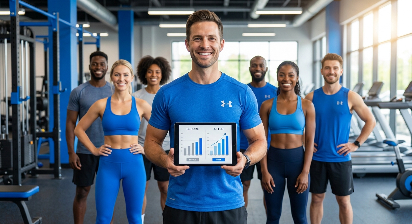 Coach de Transformação com tablet mostrando evolução antes e depois ao lado de alunos felizes